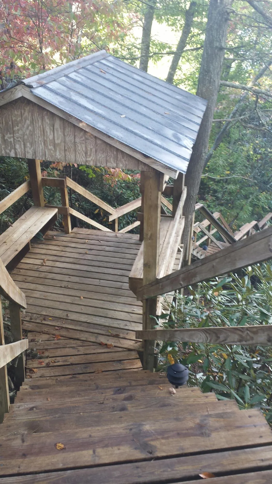 Metal roofed shelter over wooden steps on a wooded walkway — Skylight Repair & Installation work by our crew in Elberton